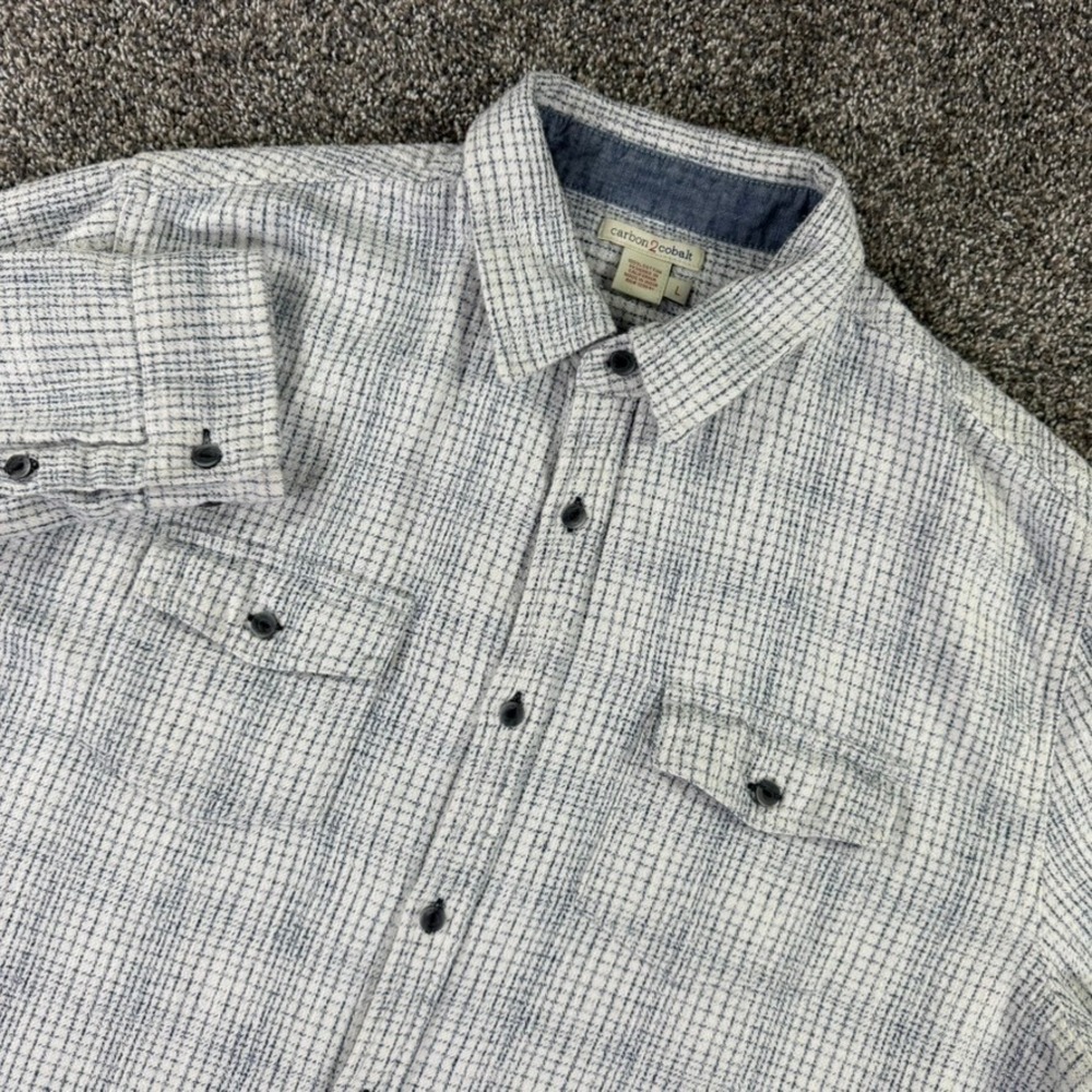 Carbon 2 Cobalt Men Large Blue White Textured Grid Button Up Shirt Cotton Casual